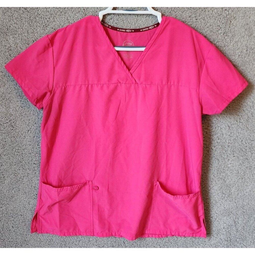 Divine Stretch By‎ JDM Women's Short Sleeve V Neck Scrub Top Polyester Pink Sz L
